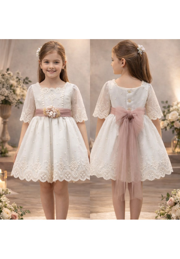 VESTIDO TUL BORDADO MANGA FRANCESA crudo/rosa