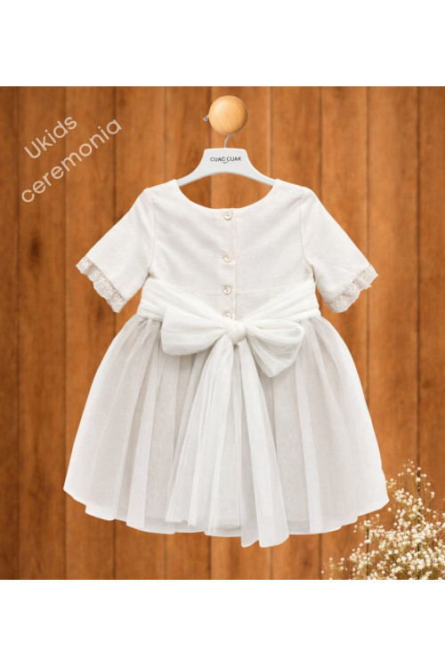 Vestido Ceremonia combinado tul lino beige