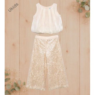 Conjunto pantalón largo lentejuelas + blusa champagne 