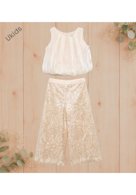 Conjunto pantalón largo lentejuelas + blusa champagne 
