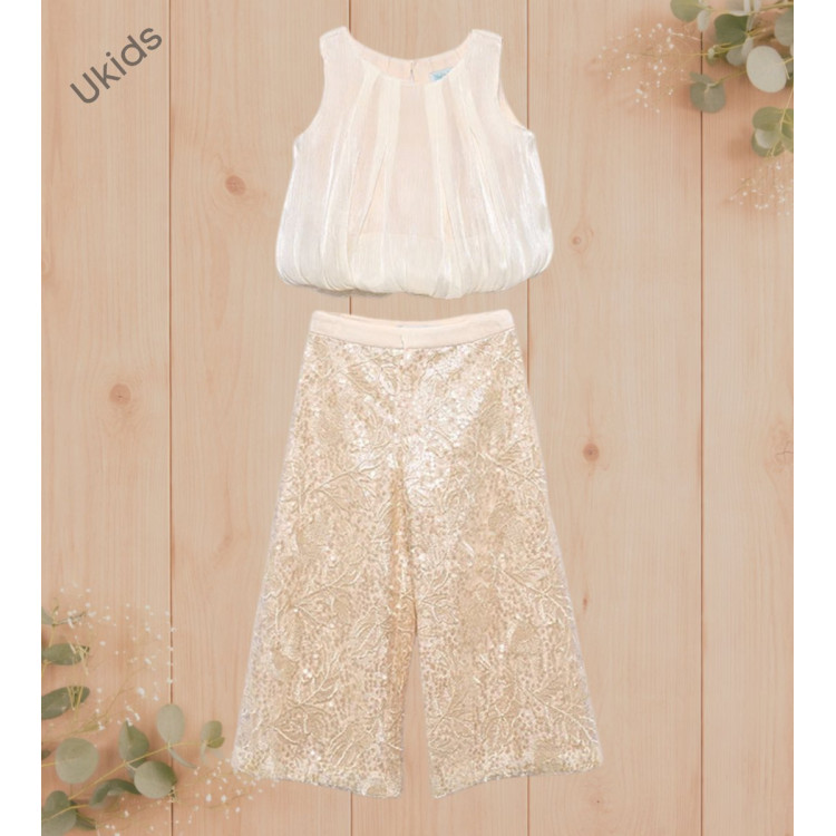 Conjunto pantalón largo lentejuelas + blusa champagne 