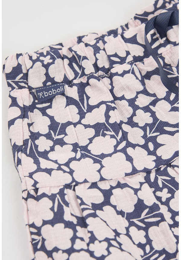 Conjunto Blusa Viscosa Y Falda-Pantalón Viscosa Flores Niña Azul Y Rosa