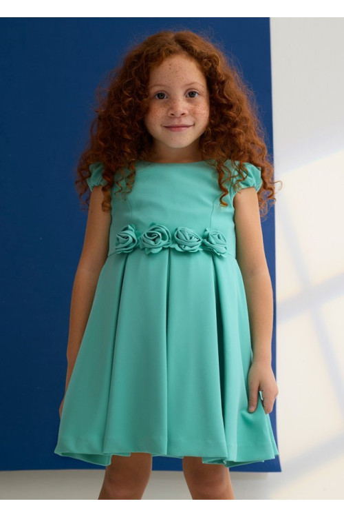 Vestido Crepe Detalle Flores Agua