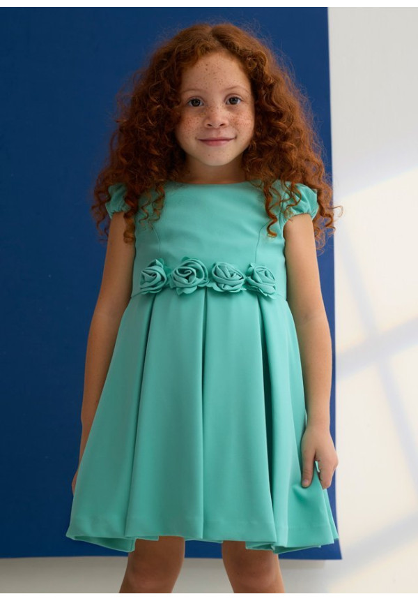 Vestido Crepe Detalle Flores Agua