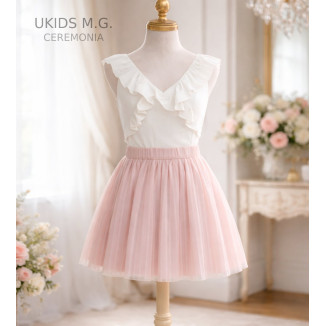 Blusa Satén Orithia + Falda Plisada  Color Rosa Empolvado