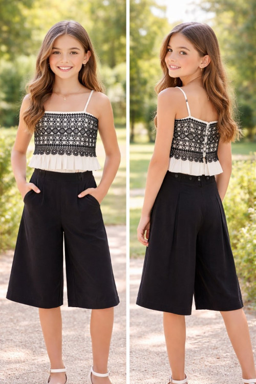 Conjunto Top Tirantes Combinado Guipur Y Pantalón Largo Fluido Crema