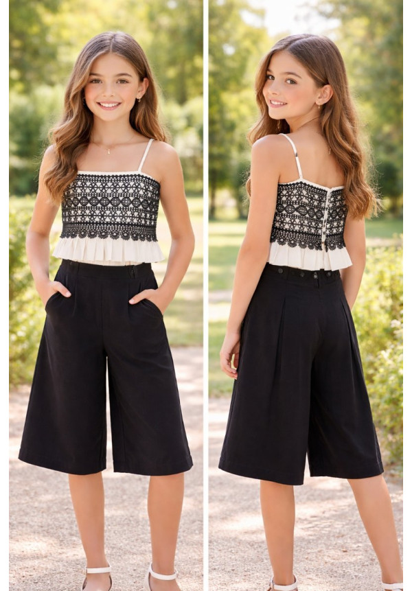 Conjunto Top Tirantes Combinado Guipur Y Pantalón Largo Fluido Crema