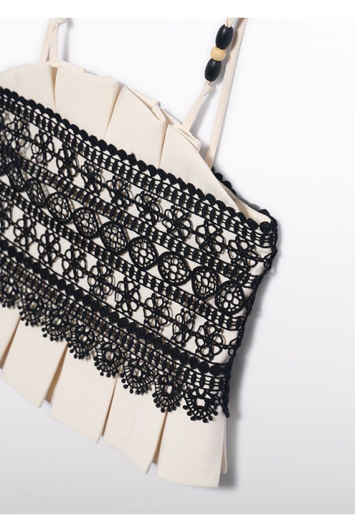 Conjunto Top Tirantes Combinado Guipur Y Pantalón Largo Fluido Crema