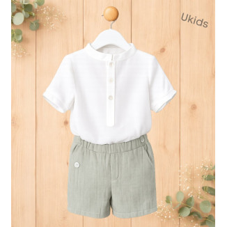 Conjunto Camisa Tipo Polo + Pantalón Niño Liso. Color Natural Y Kaki   W