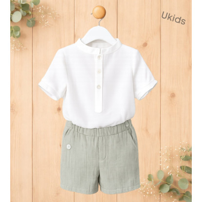 Conjunto Camisa Tipo Polo + Pantalón Niño Liso. Color Natural Y Kaki   W