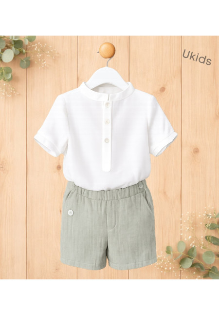 Conjunto Camisa Tipo Polo + Pantalón Niño Liso. Color Natural Y Kaki   W