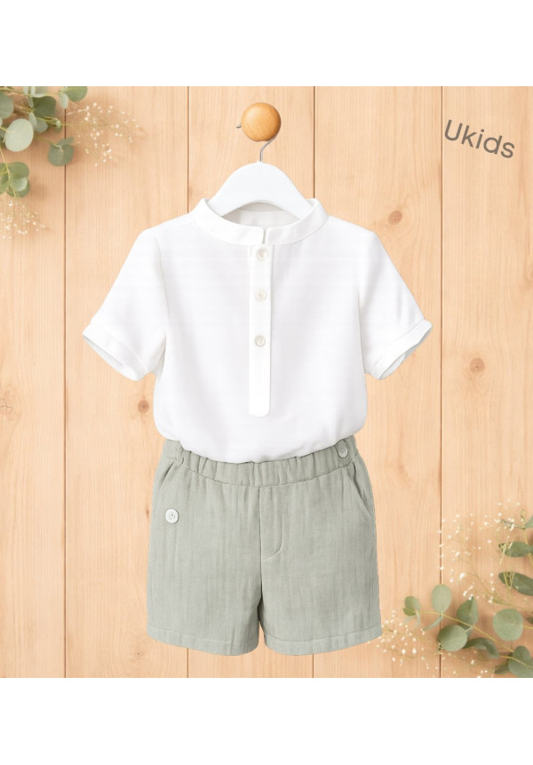 Conjunto Camisa Tipo Polo + Pantalón Niño Liso. Color Natural Y Kaki   W