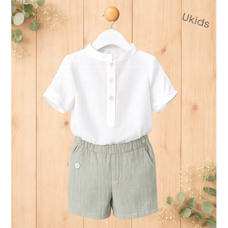 Conjunto Camisa Tipo Polo + Pantalón Niño Liso. Color Natural Y Kaki   W