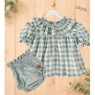 Conjunto Blusa Cuadros + Braga Rayas Bebé Niña Color Turquesa