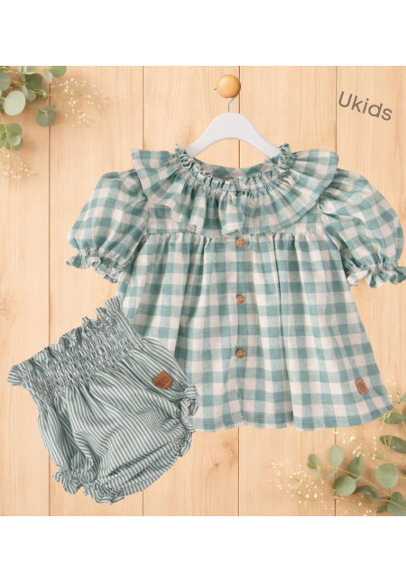 Conjunto Blusa Cuadros + Braga Rayas Bebé Niña Color Turquesa