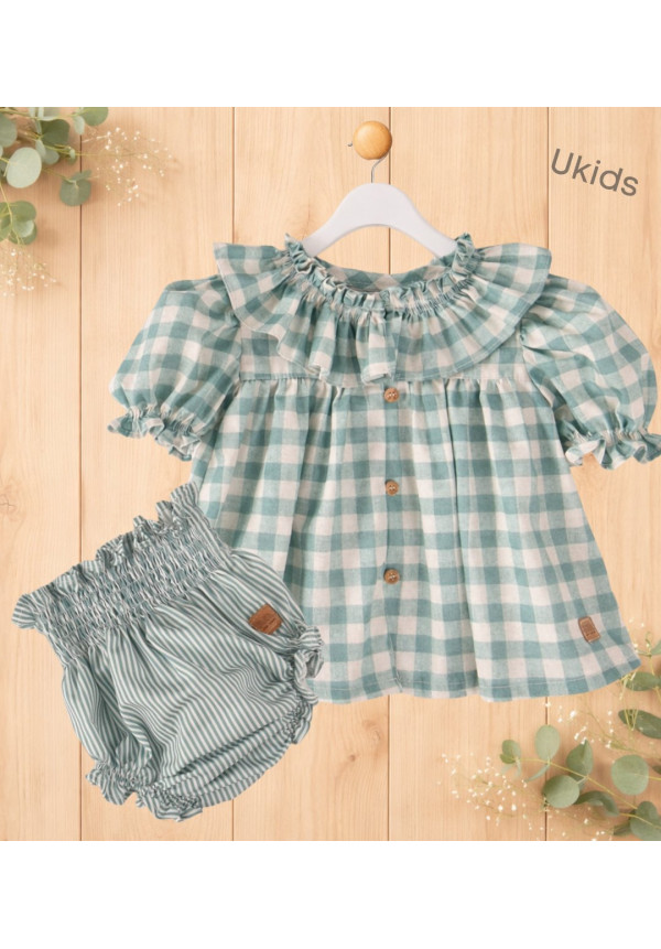 Conjunto Blusa Cuadros + Braga Rayas Bebé Niña Color Turquesa
