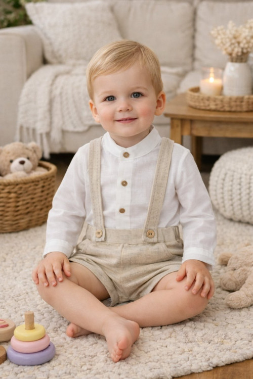 Conjunto Bebe Manga Larga Con Pantalon Art.0351 'Familia Porcelana' Lino Rosa