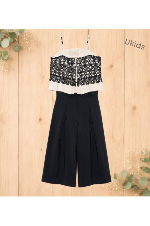 Conjunto Top Tirantes Combinado Guipur Y Pantalón Largo Fluido Crema