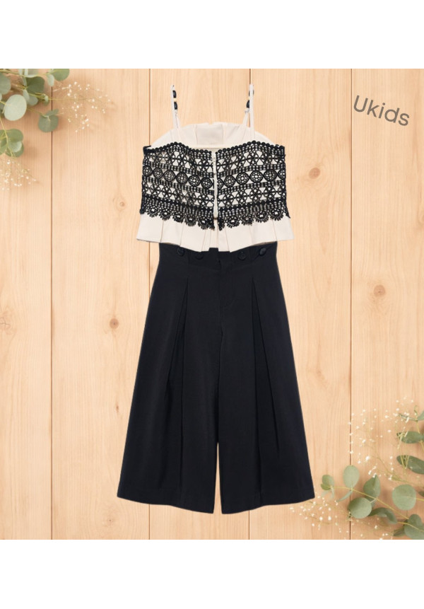 Conjunto Top Tirantes Combinado Guipur Y Pantalón Largo Fluido Crema