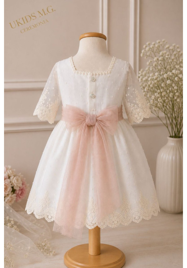 VESTIDO TUL BORDADO MANGA FRANCESA CRUDO y rosa