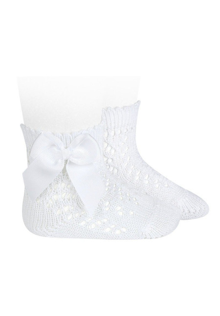 Calcetines cortos algodón perlé calados con lazo grogrén color blanco
