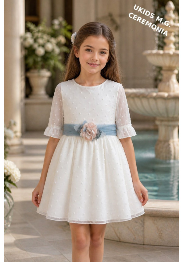 VESTIDO NIÑA CEREMONIA PLUMETI GASA M/FRANCESA TUL AZUL