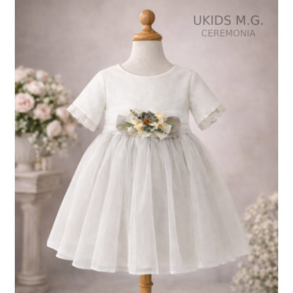 Vestido Ceremonia combinado tul lino beige