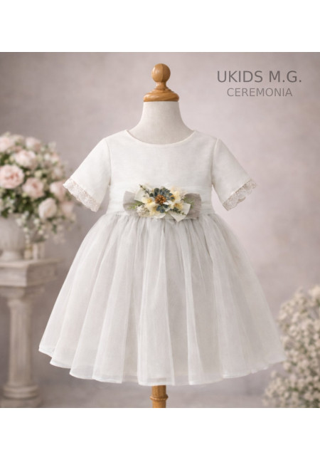 Vestido Ceremonia combinado tul lino beige
