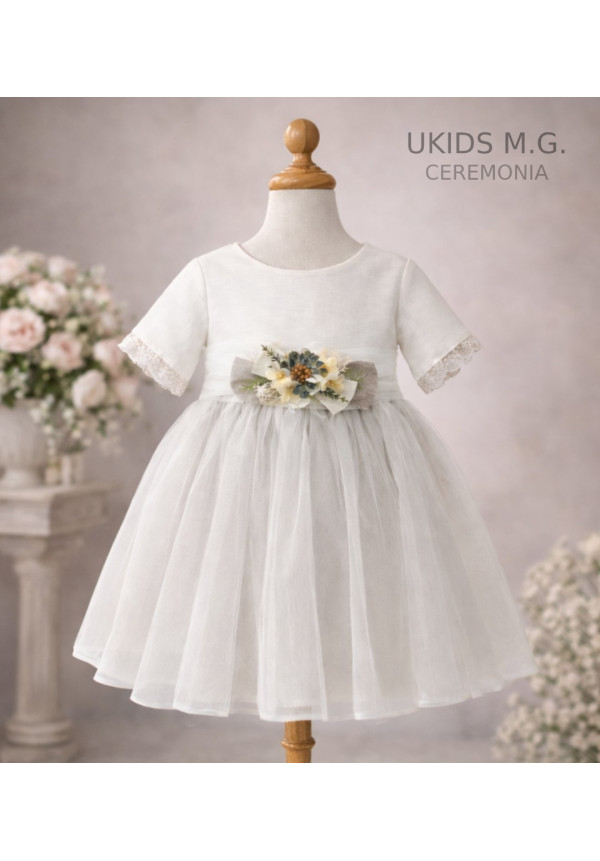 Vestido Ceremonia combinado tul lino beige