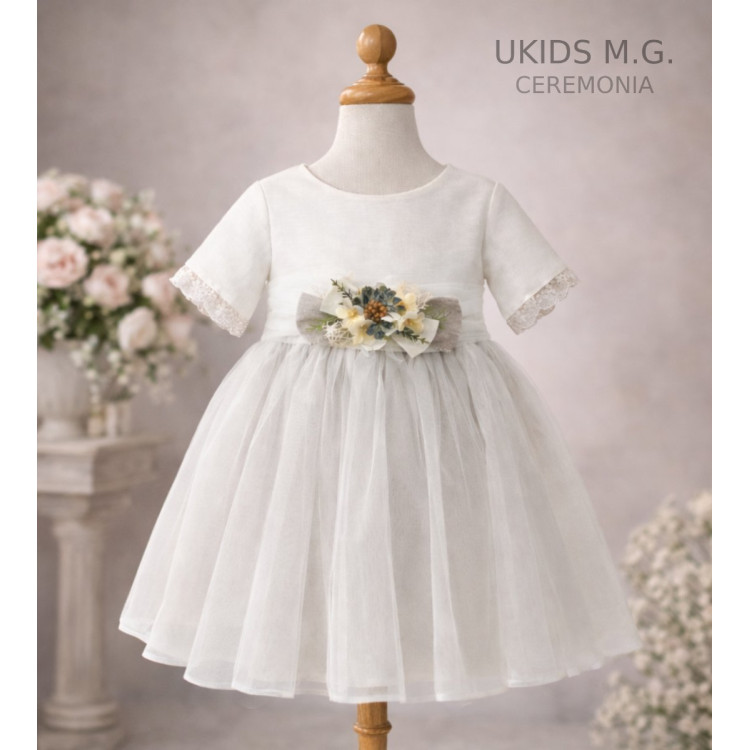 Vestido Ceremonia combinado tul lino beige