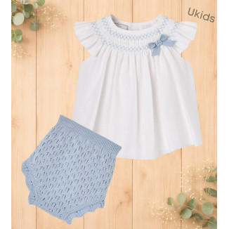 Conjunto Vestido Corto + Braga 'Espuma V26' Blanco/Azul Cielo