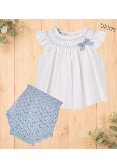 Conjunto Vestido Corto + Braga 'Espuma V26' Blanco/Azul Cielo