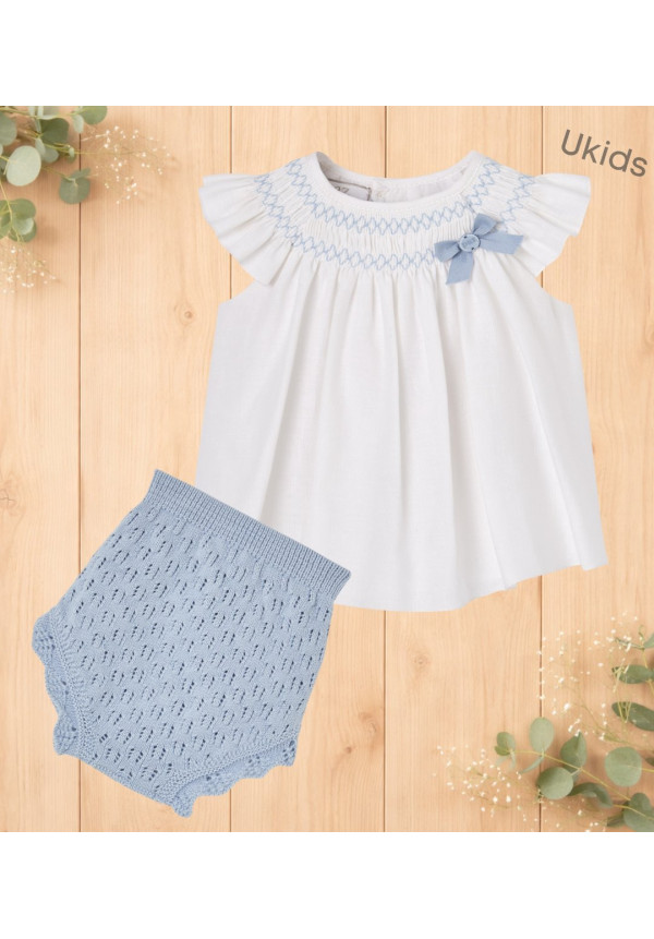 Conjunto Vestido Corto + Braga 'Espuma V26' Blanco/Azul Cielo