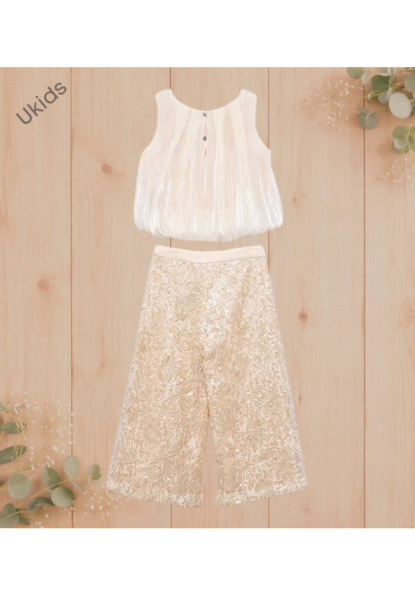 Conjunto pantalón largo lentejuelas + blusa champagne 